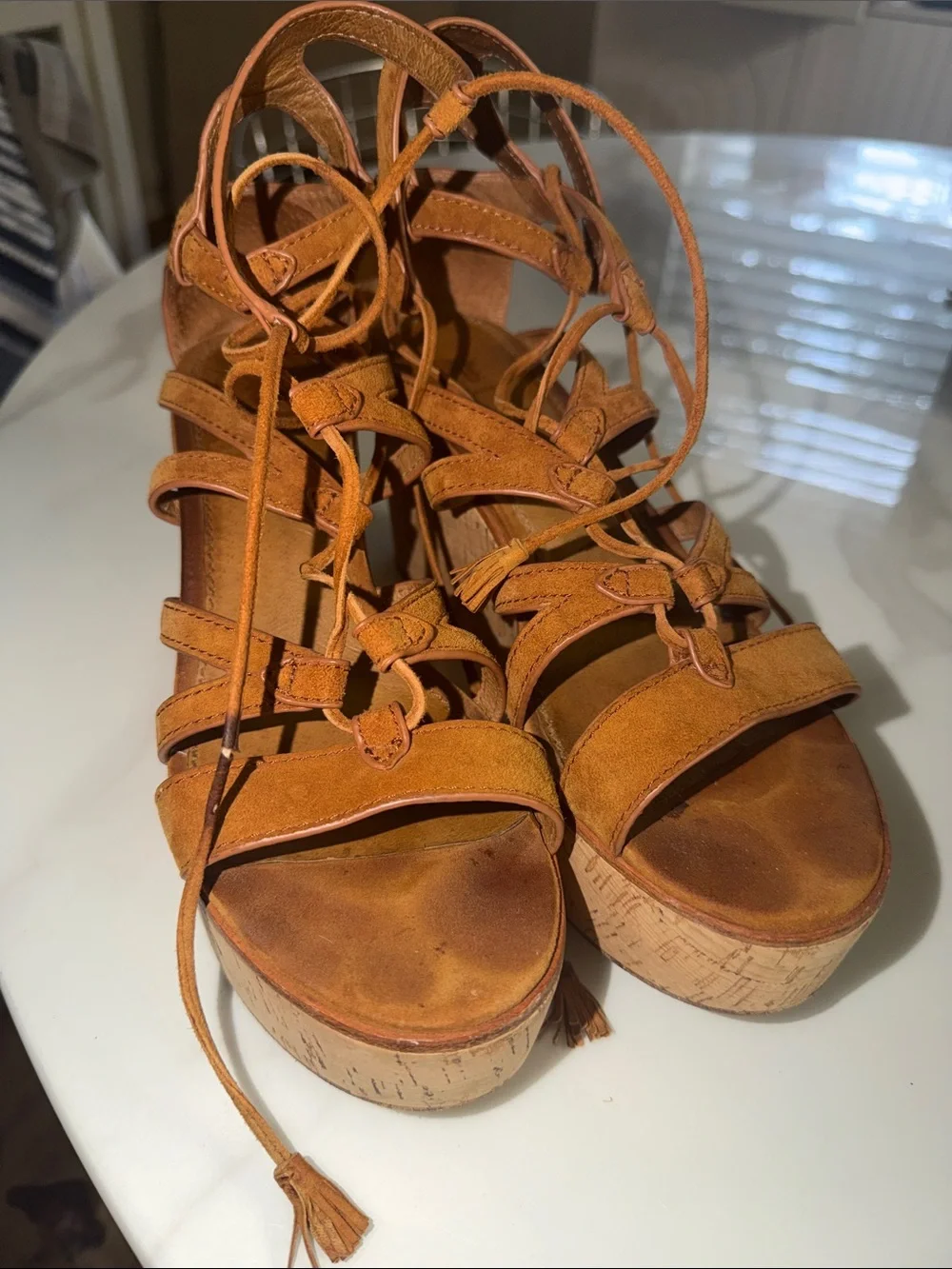 Frye Tan Suede Cork Platform Lace-Up Wedges